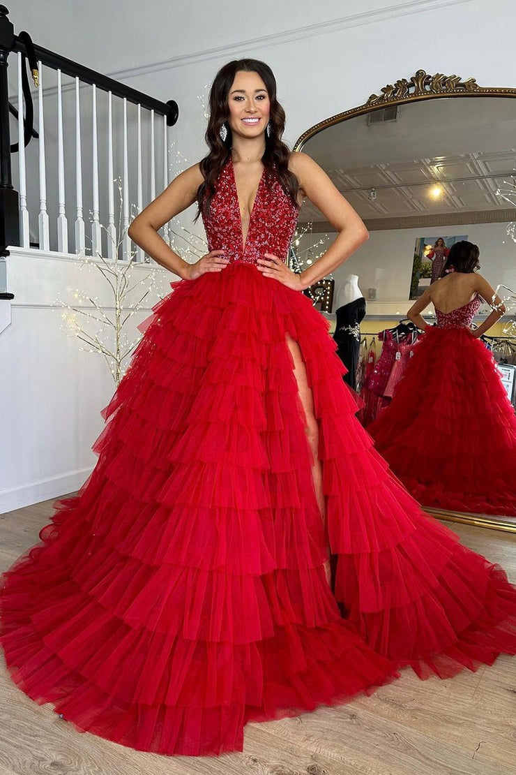 A-Line Princess Halter Ruffle Tiered Tulle Long Prom Dress with Slit, PD25205
