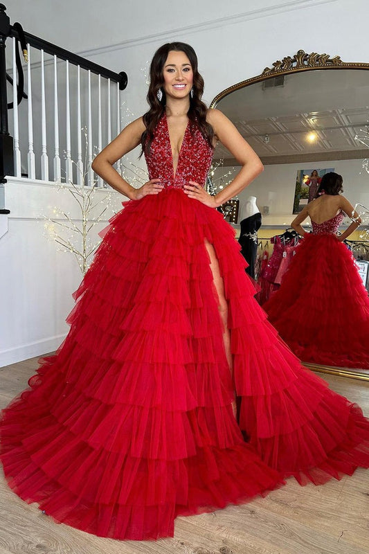 A-Line Princess Halter Ruffle Tiered Tulle Long Prom Dress with Slit, PD25205