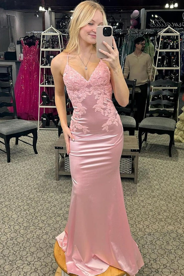 Pink Satin Mermaid V Neck Long Prom Dress with Appliques, PD25291