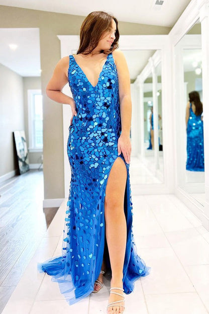 Blue Mermaid V Neck Mirror-Cut Long Prom Dress with Slit, PD25235
