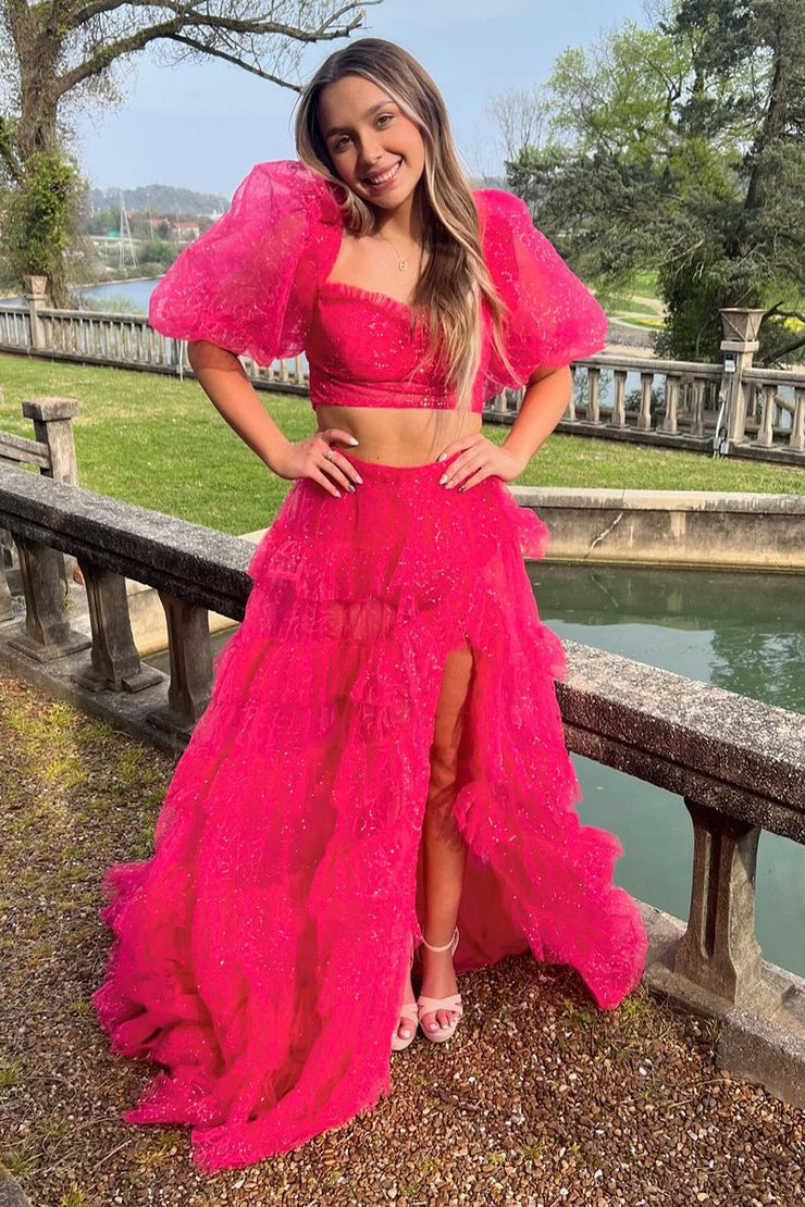 ELEGANT FUCHSIA SWEETHEART LONG PROM DRESS SPLIT WITH RUFFLES,DS4551