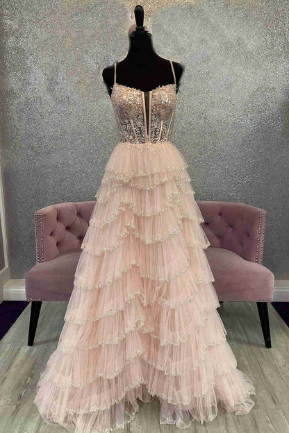 Straps A Line Blush Pink Tulle Layered Long Prom Dresses with Slit, PD25031