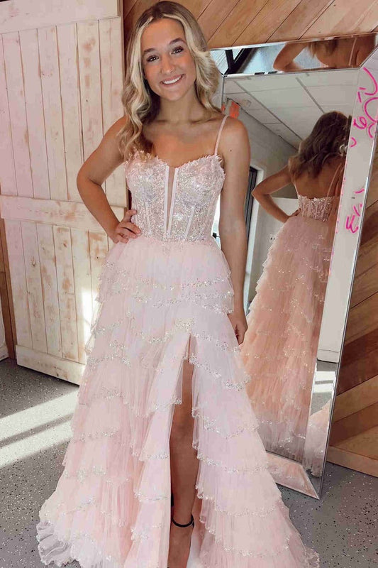Straps A Line Blush Pink Tulle Layered Long Prom Dresses with Slit, PD25031