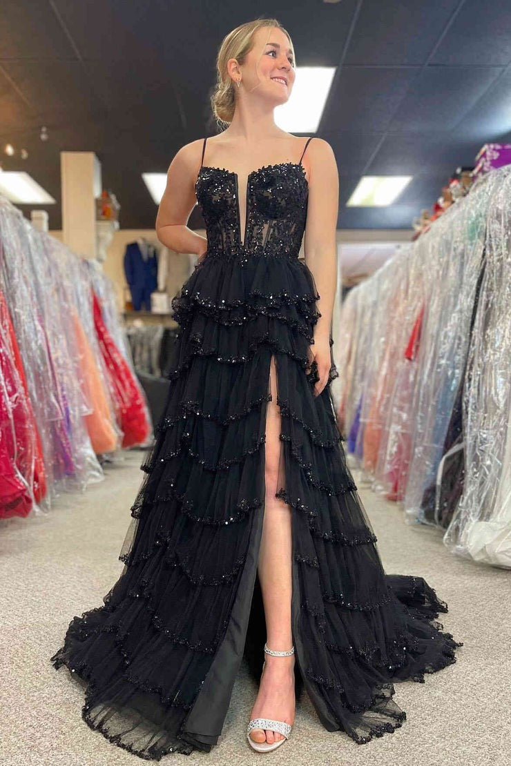 Straps A Line Blush Pink Tulle Layered Long Prom Dresses with Slit, PD25031