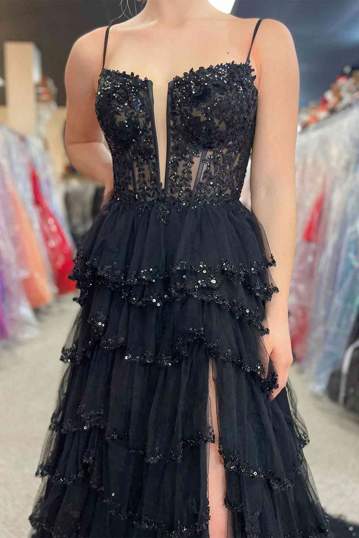 Straps A Line Blush Pink Tulle Layered Long Prom Dresses with Slit, PD25031