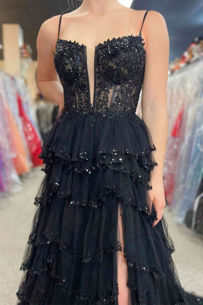 Straps A Line Blush Pink Tulle Layered Long Prom Dresses with Slit, PD25031