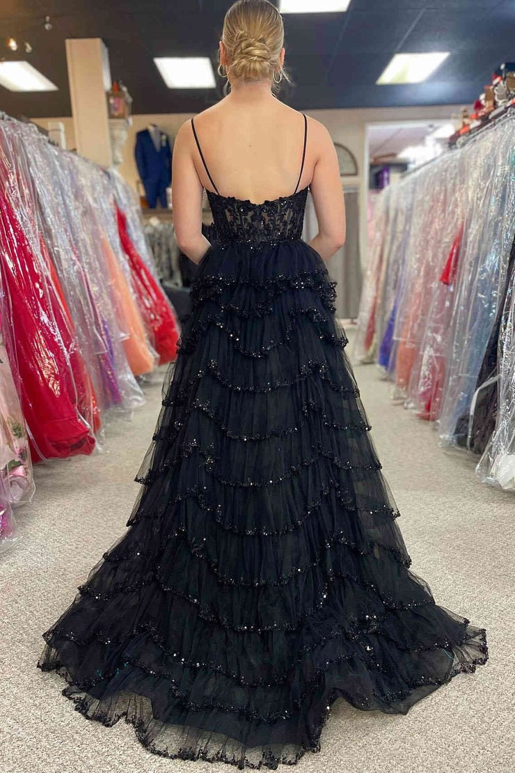 Straps A Line Blush Pink Tulle Layered Long Prom Dresses with Slit, PD25031