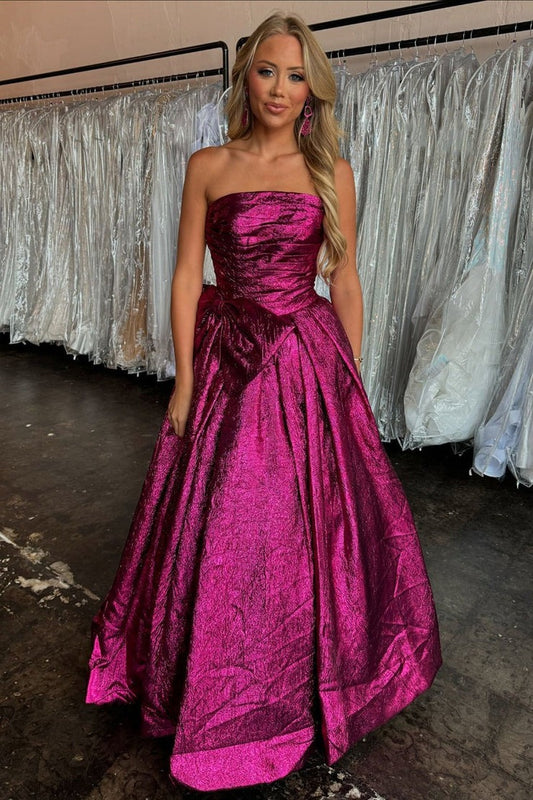 Ball Gown Strapless Fuchsia Sparkly Satin Long Prom Dresses with Bow, PD25024