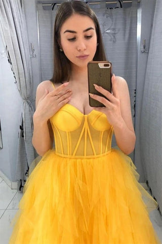 Sunny Yellow A-Line Tulle Prom Gown with Spaghetti Straps, PD2404086