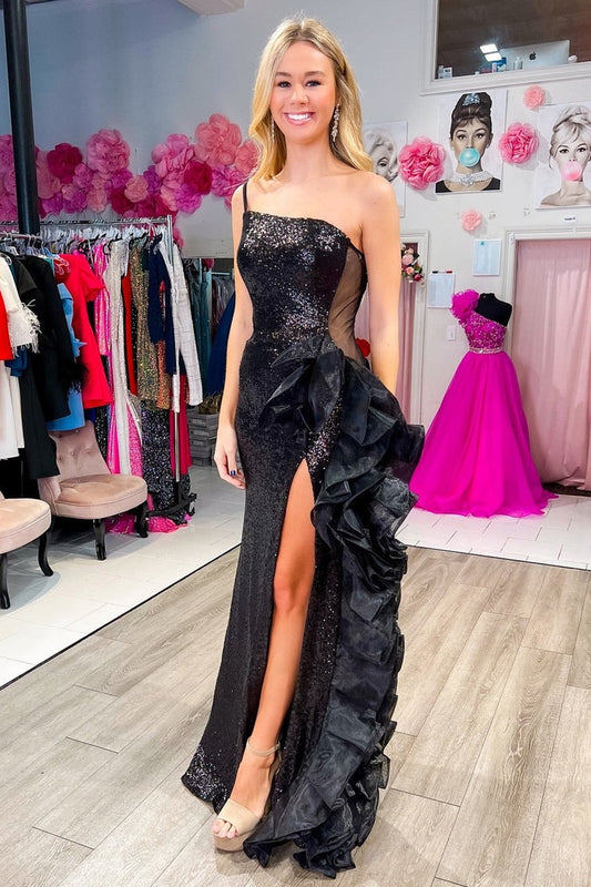 One Shoulder Sheath Black Sequin Long Prom Formal Dress with Slit, PD25029