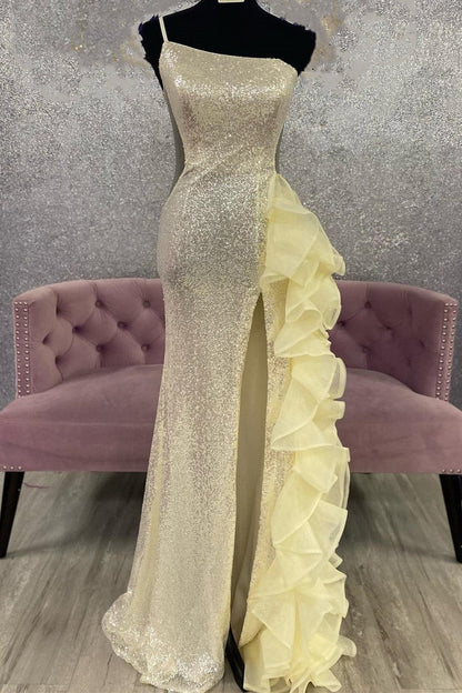 One Shoulder Sheath Black Sequin Long Prom Formal Dress with Slit, PD25029