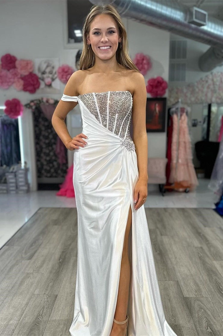 Strapless Mermaid White Satin Long Prom Dresses, PD25033