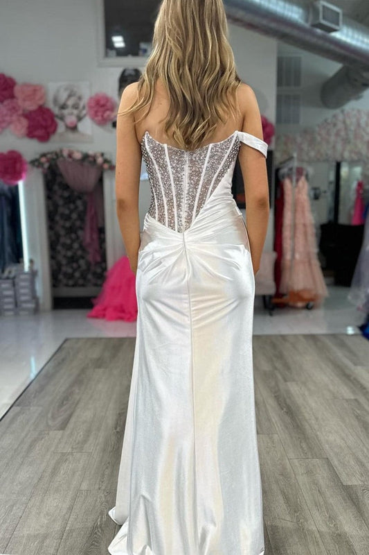 Strapless Mermaid White Satin Long Prom Dresses, PD25033