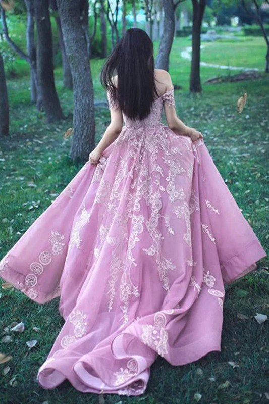 Off-The-Shoulder Tulle Prom Dress Ball Gown With Lace Appliques, PD2405014