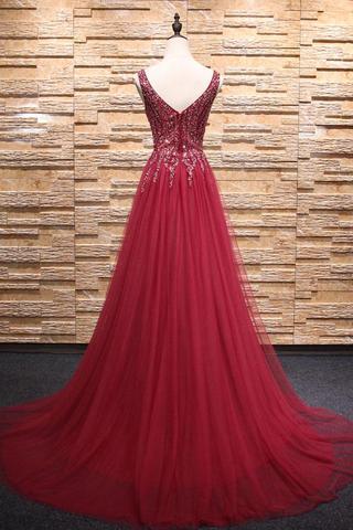 formal V-neck side slit long burgundy tulle prom dress, PD59615