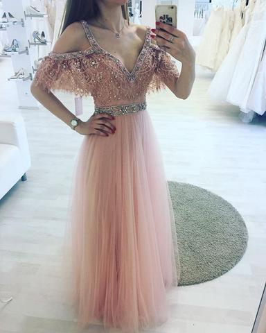 pink tulle  off shoulder beaded charming prom dress, PD3486