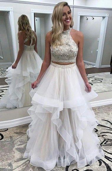 two pieces halter beaded top white long prom dress, PD4154