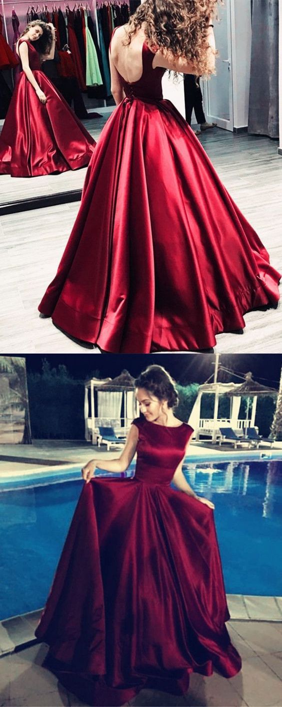 simple elegant burgundy satin long prom dress, PD5479