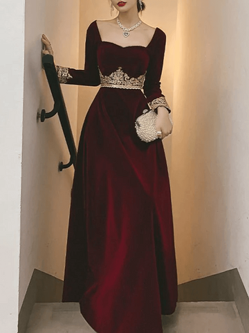 Long A-Line Scoop Neck Velvet Prom Dress, PD221023