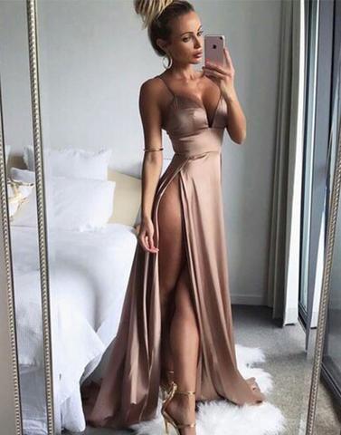 spaghetti straps sexy brown side slit long prom dress, PD9979