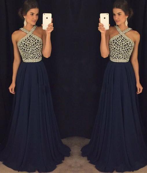 dark navy prom dress, long prom dress, beaded prom dress, evening dress, charming prom dress, BD400