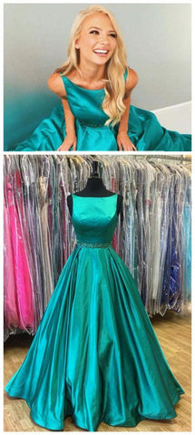 A-line green satin simple long formal prom dresses, PD5457