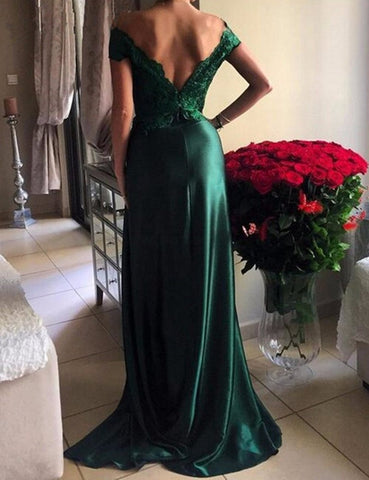 green prom dress, long prom dress, side slit prom dress, off shoulder prom dress, sexy evening dress, BD0006