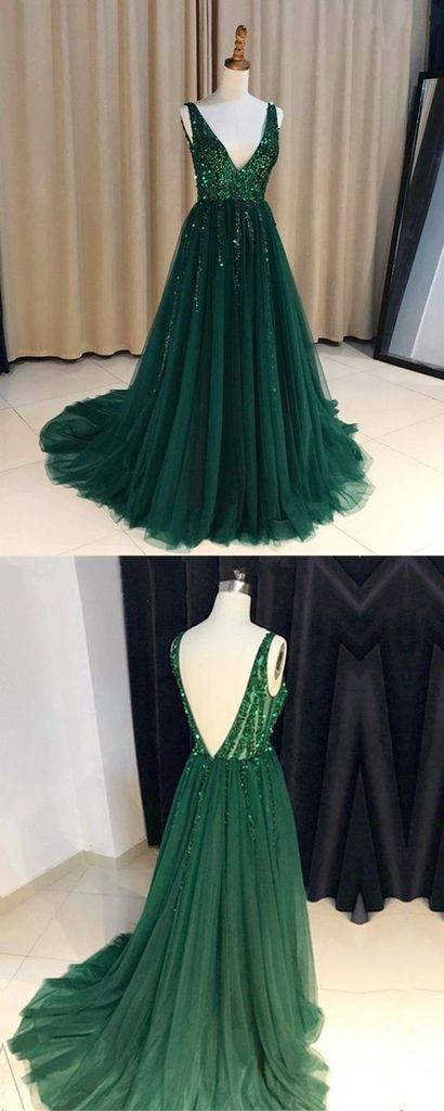 v-neck green tulle long sparkle prom dress, PD447