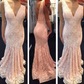 pink lace v-neck mermaid open back long prom dress, PD9779