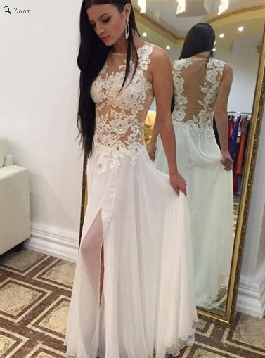 white prom dress, long prom dress, prom dress, lace prom dress, side slit evening dress, BD525