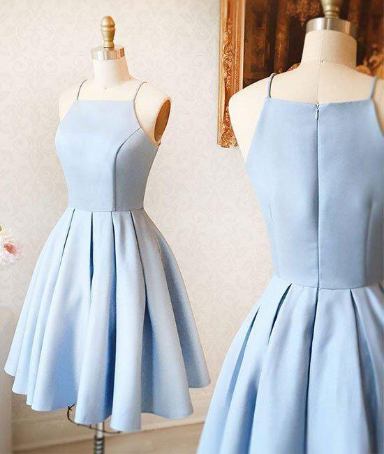 simple light blue satin A-line spaghetti straps homecoming dress, BD3784