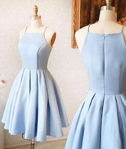 simple light blue satin A-line spaghetti straps homecoming dress, BD3784