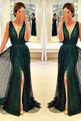 dark green prom dress, long prom dress, v-neck prom dress, side slit evening dress, sparkle prom dress, BD491