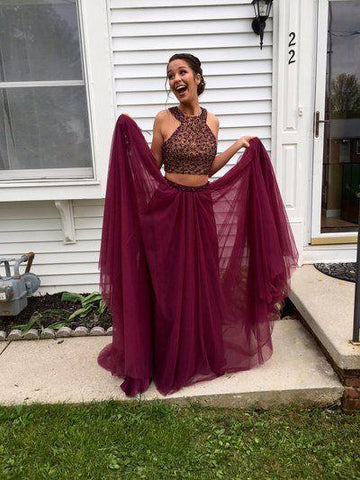 two pieces prom dress, dark burgundy prom dress, beaded prom gown, tulle prom dress, evening gown, BD259