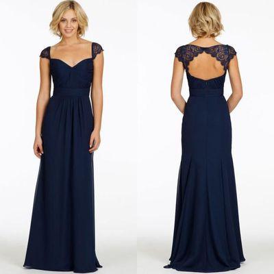 Long Blue Bridesmaid Dress with Cap sleeves, PD505