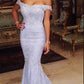 lilac mermaid off shoulder lace elegant long prom dress, PD0505