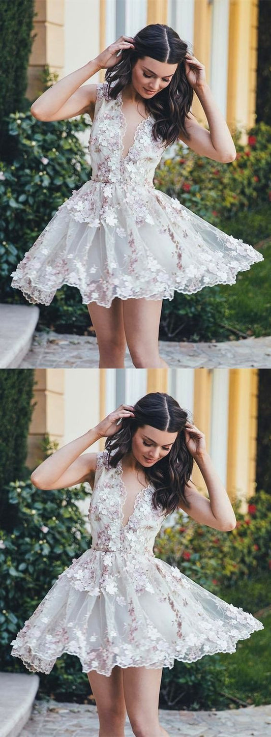 beautiful v-neck flower appliques white short homecoming dresses, HD194
