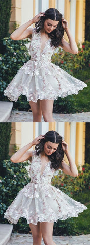 beautiful v-neck flower appliques white short homecoming dresses, HD194