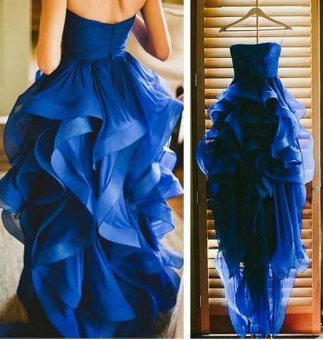 hi-lo prom dress, strapless prom dress, royal blue prom dress, charming prom dress,A-line evening gown, BD70