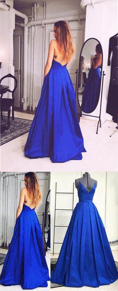 royal blue prom dress, long prom dress, A-line prom dress, v-neck prom dress, evening gown, BD108