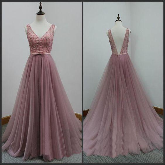 v-neck dusty pink tulle long prom dress, PD546