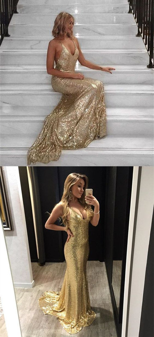 gold sequin v-neck formal sparkle long prom dress, PD8872