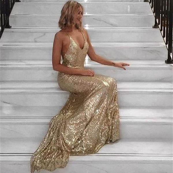 gold sequin v-neck formal sparkle long prom dress, PD8872