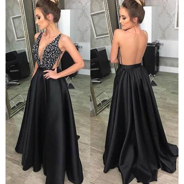 sexy black v-neck beaded backless long prom dress, PD9745
