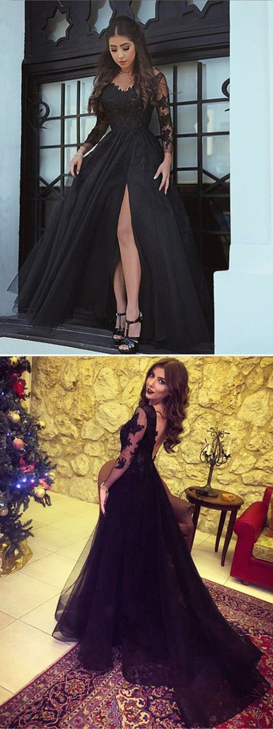 formal black long sleeves side slit long prom dress, BD4456