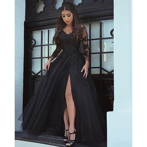 formal black long sleeves side slit long prom dress, BD4456