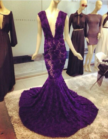 purple lace deep v-neck mermaid long prom dress, PD5669