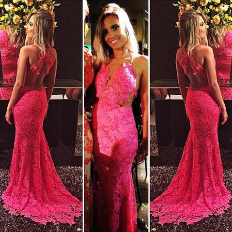 open back elegant formal hot pink lace long charming prom dress, PD446
