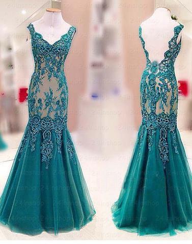 teal green mermaid lace appliques long formal prom dress, PD1304