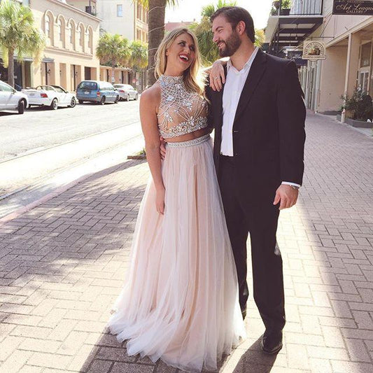 two pieces prom dress, long prom dress, A-line prom dress, tulle prom dress, evening gown, BD274